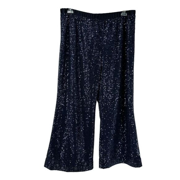 Tahari Luxe Sequin Pants Navy Blue Womens Size 14 Elastic Waist Wide Leg Formal - Picture 3 of 11